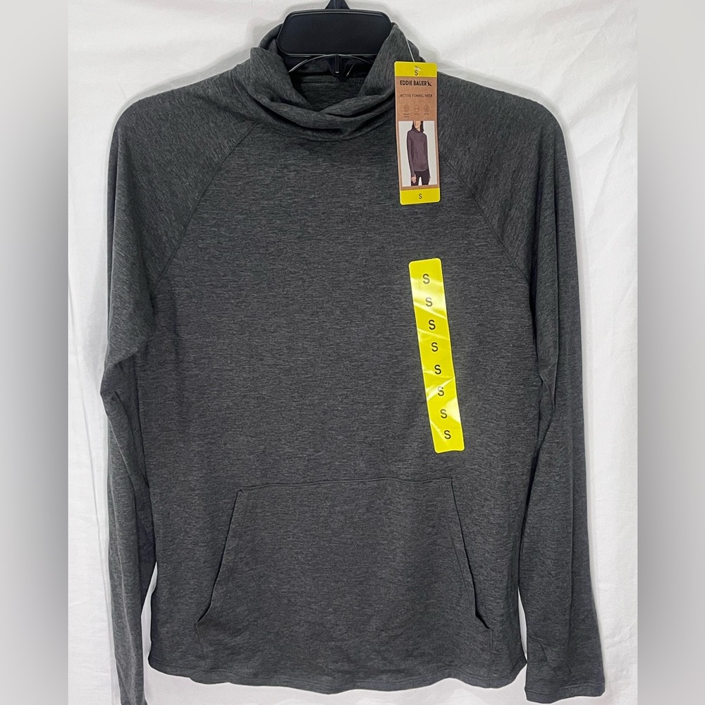 NWT Eddie Bauer Charcoal Gray Active Funnel Neck Long Sleeve Top Size Small